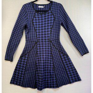 Calvin Klein Womens Knit Houndstooth Dress M Black & Blue Long Sleeve